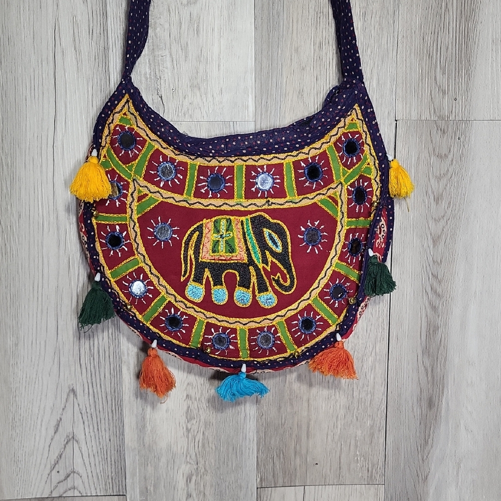 Rajasthani Elephant‎ Embroidered Bag Festive Indian Style Boho Tassels Colorful